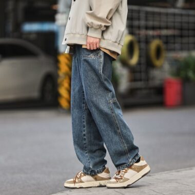 Japanese vintage washed loose straight men jeans