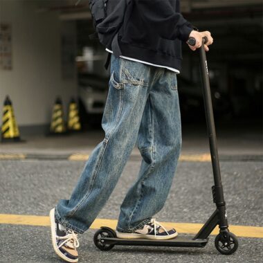 Japanese vintage washed loose straight men jeans