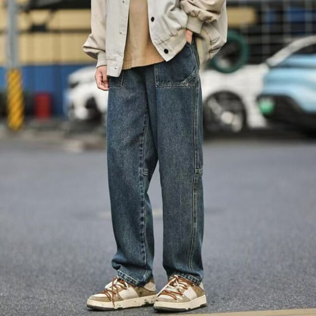 Japanese vintage washed loose straight men jeans