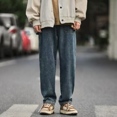 Japanese vintage washed loose straight men jeans