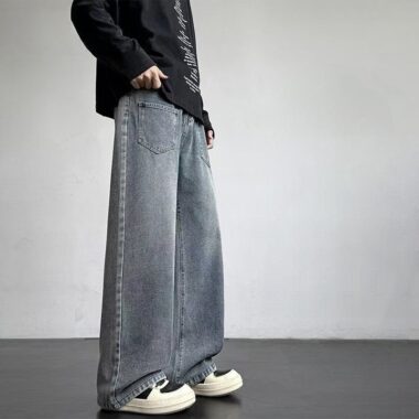 All-season vintage washed loose wide leg men jeans