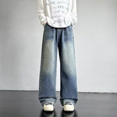 All-season vintage washed loose wide leg men jeans