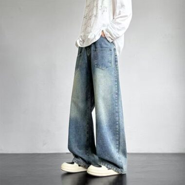 All-season vintage washed loose wide leg men jeans