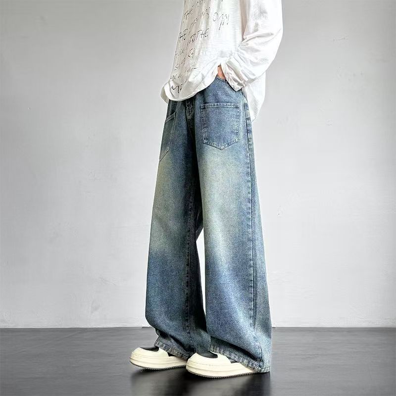 All-season vintage washed loose wide leg men jeans