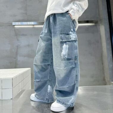 Spring autumn washed blue loose casual boys children jeans