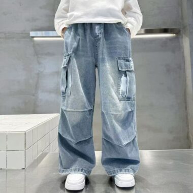 Spring autumn washed blue loose casual boys children jeans