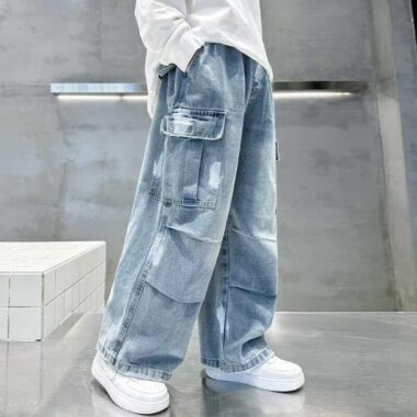Spring autumn washed blue loose casual boys children jeans