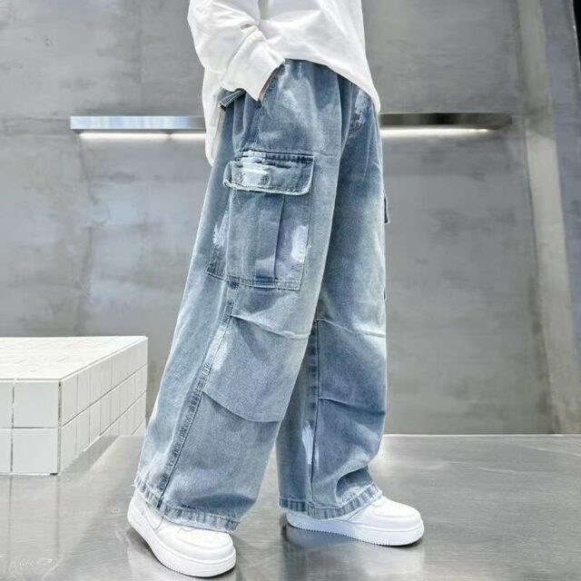 Spring autumn washed blue loose casual boys children jeans