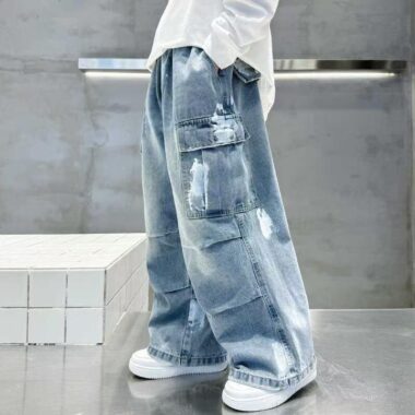 Spring autumn washed blue loose casual boys children jeans
