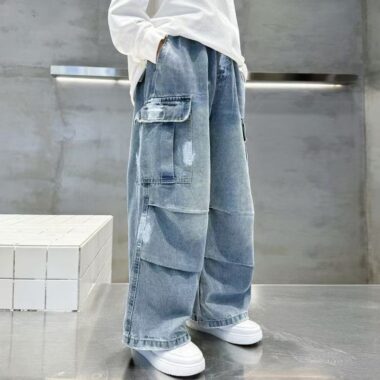 Spring autumn washed blue loose casual boys children jeans
