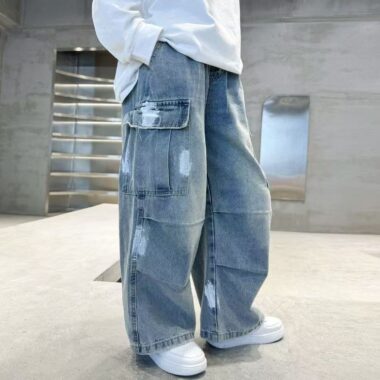 Spring autumn washed blue loose casual boys children jeans