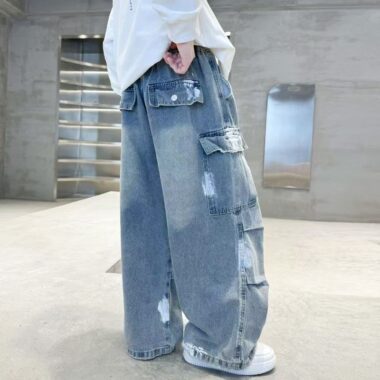 Spring autumn washed blue loose casual boys children jeans