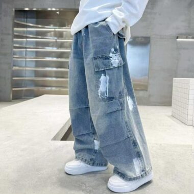 Spring autumn washed blue loose casual boys children jeans
