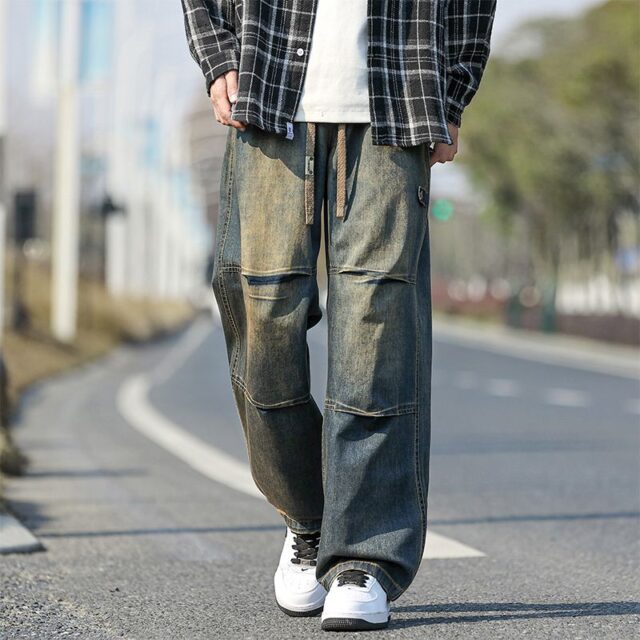 Washed vintage American loose wide leg men jeans