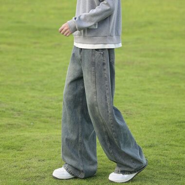 Washed American vintage loose straight wide leg men jeans