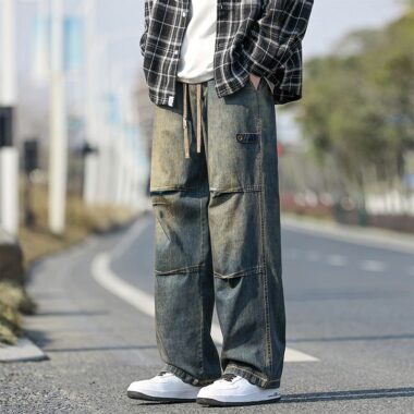 Washed vintage American loose wide leg men jeans