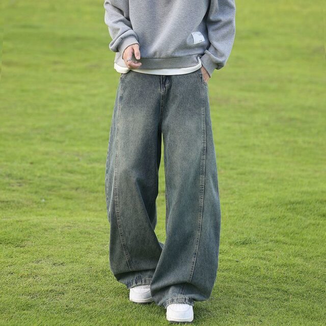 Washed American vintage loose straight wide leg men jeans