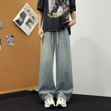 American vintage drawstring loose wide leg men jeans