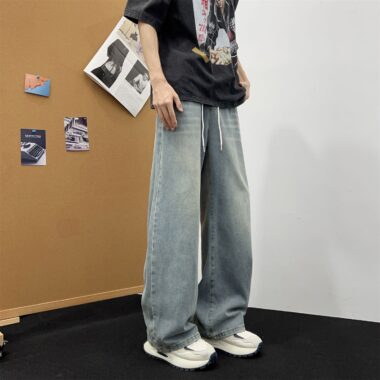 American vintage drawstring loose wide leg men jeans