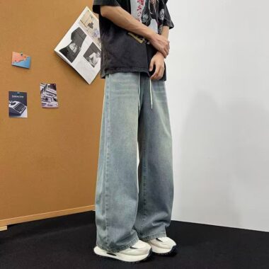 American vintage drawstring loose wide leg men jeans