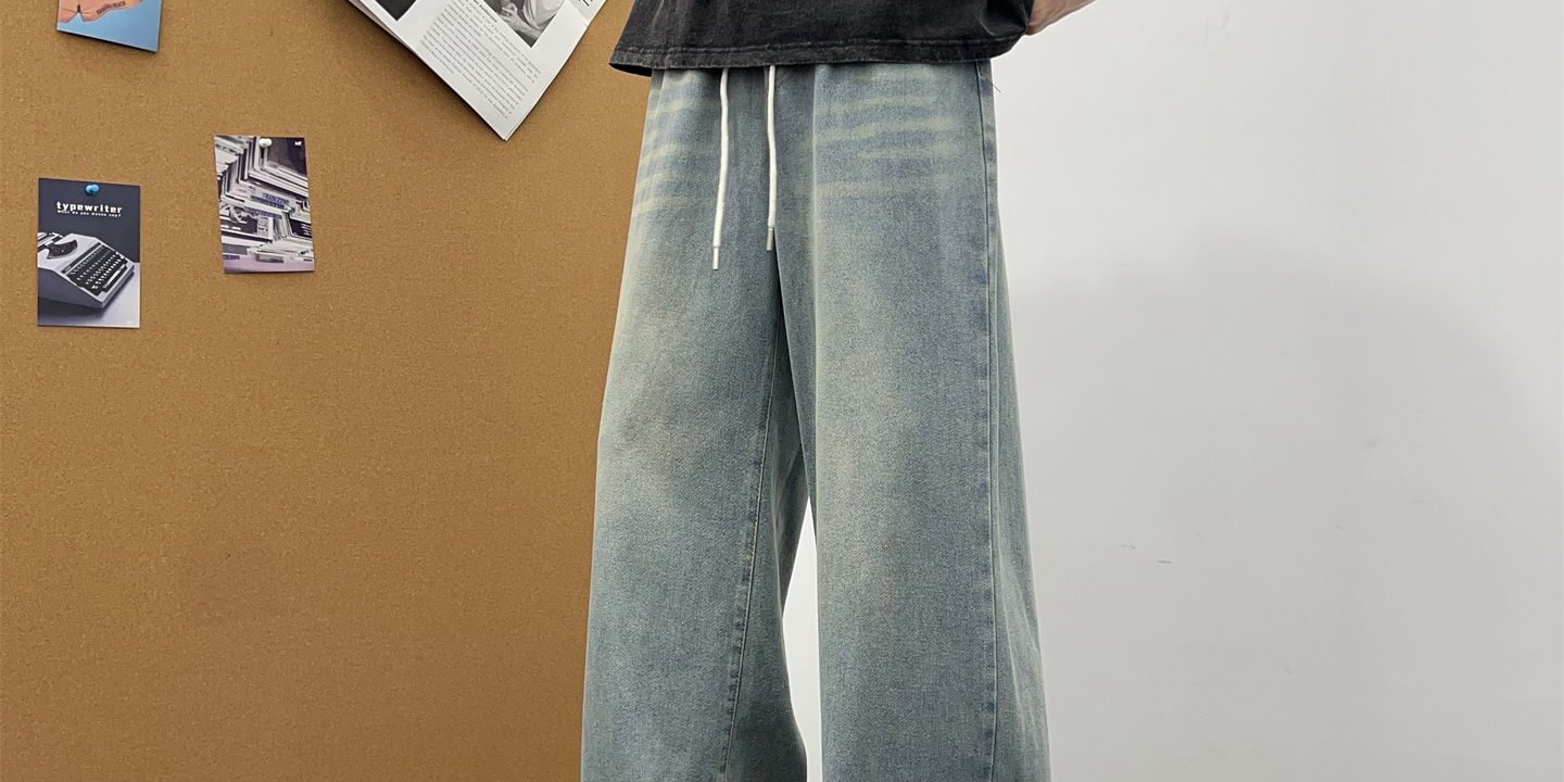 American vintage drawstring loose wide leg men jeans