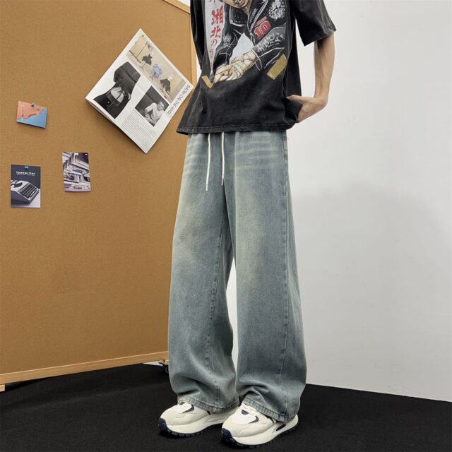 American vintage drawstring loose wide leg men jeans