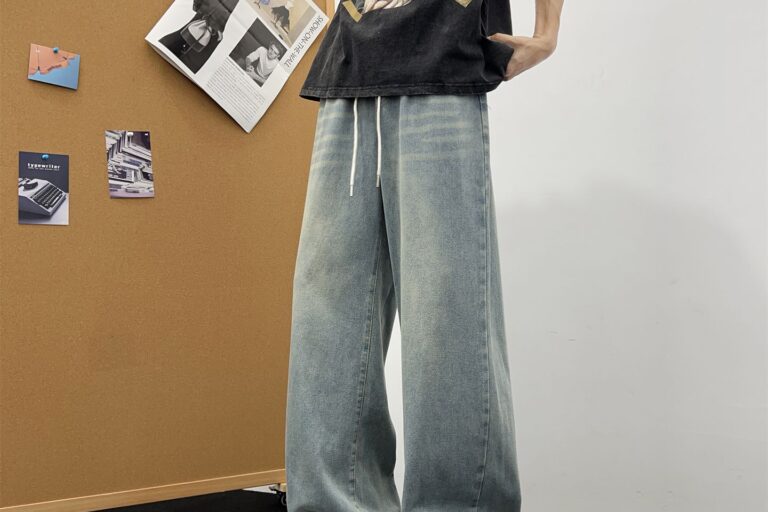 American vintage drawstring loose wide leg men jeans