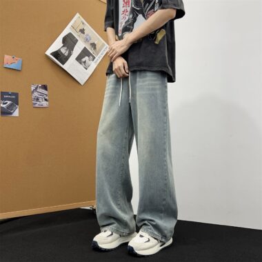 American vintage drawstring loose wide leg men jeans