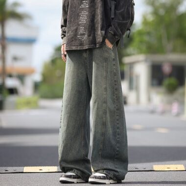 American vintage washed loose wide leg thick men jeans