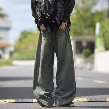 American vintage washed loose wide leg thick men jeans