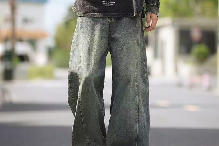 American vintage washed loose wide leg thick men jeans