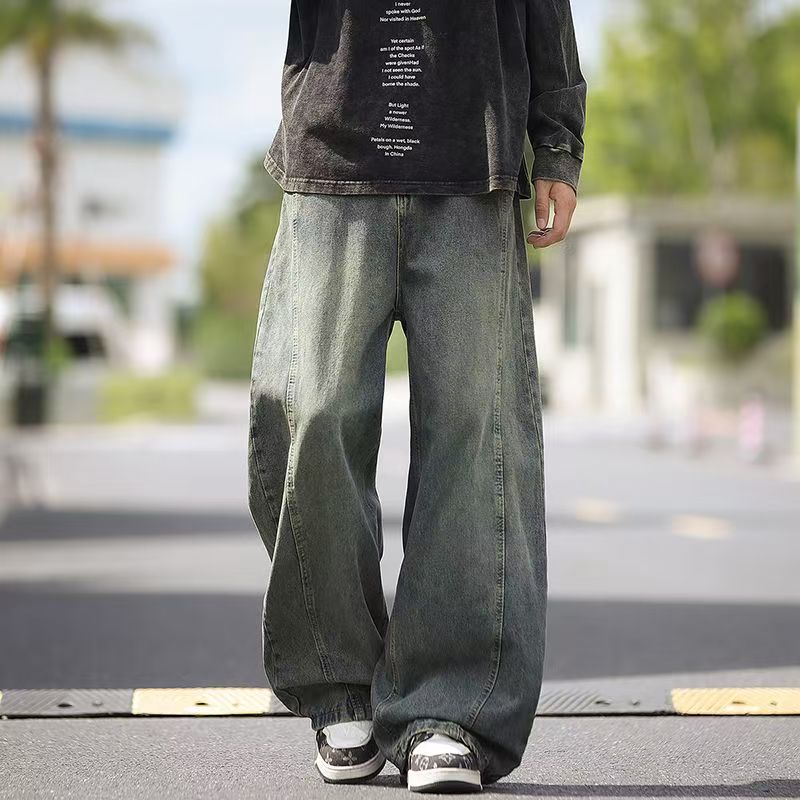 American vintage washed loose wide leg thick men jeans