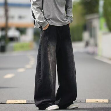 American vintage washed loose wide leg thick men jeans