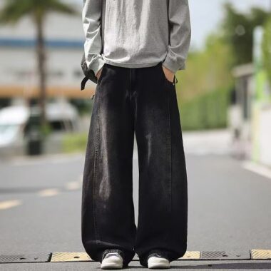 American vintage washed loose wide leg thick men jeans