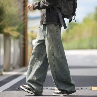 American vintage washed loose wide leg thick men jeans