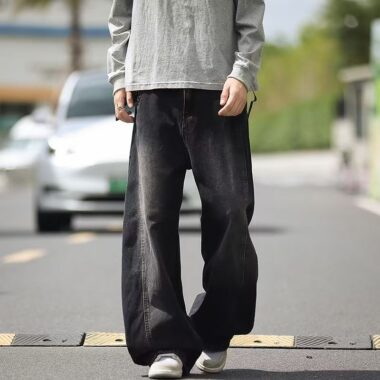 American vintage washed loose wide leg thick men jeans