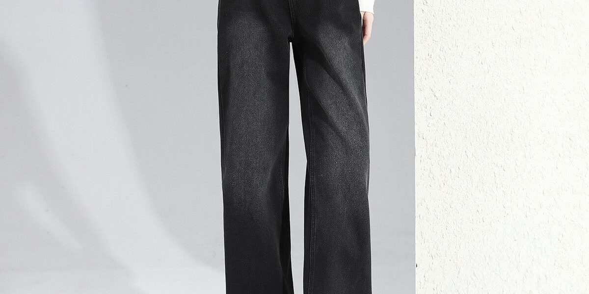 Fleece lined high waist loose black women jeans