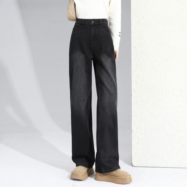 Fleece lined high waist loose black women jeans