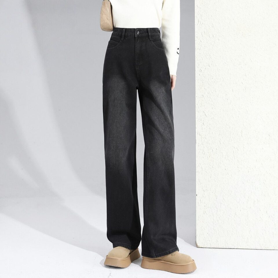 Fleece lined high waist loose black women jeans