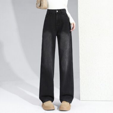 Fleece lined high waist loose black women jeans