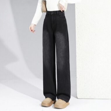 Fleece lined high waist loose black women jeans