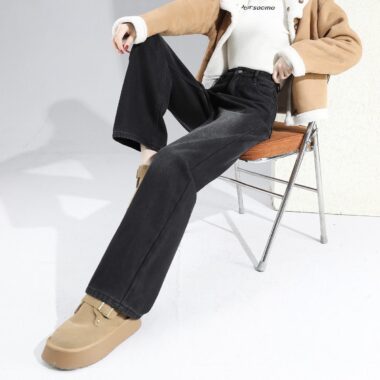 Fleece lined high waist loose black women jeans