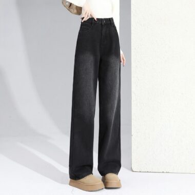 Fleece lined high waist loose black women jeans