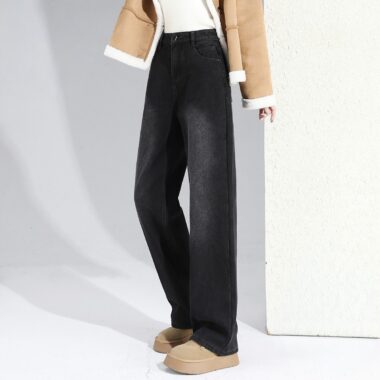 Fleece lined high waist loose black women jeans