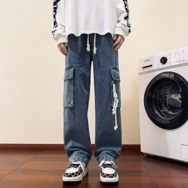 Autumn American vintage workwear loose wide leg men jeans
