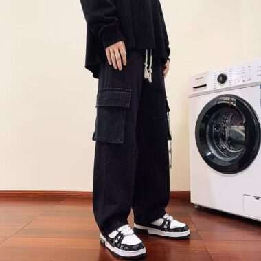 Autumn American vintage workwear loose wide leg men jeans