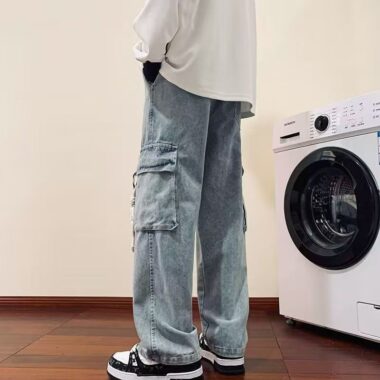 Autumn American vintage workwear loose wide leg men jeans