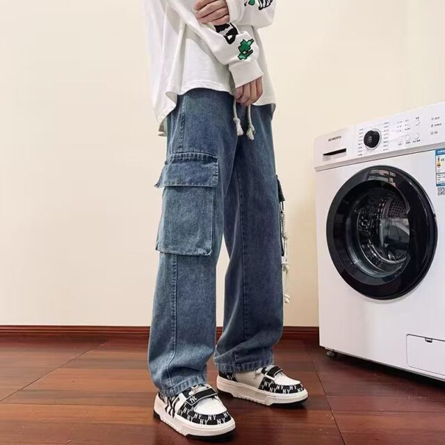 Autumn American vintage workwear loose wide leg men jeans