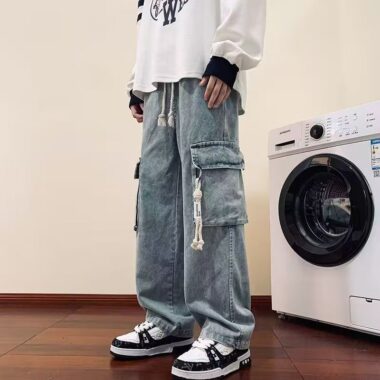 Autumn American vintage workwear loose wide leg men jeans