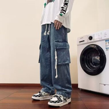 Autumn American vintage workwear loose wide leg men jeans